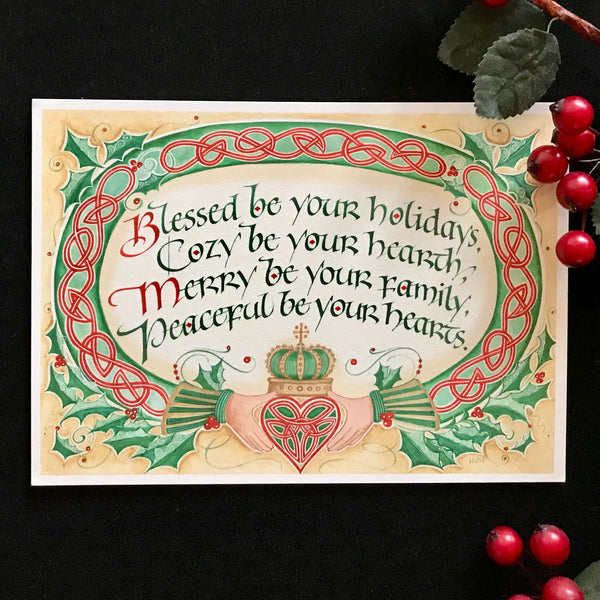 Holly Monroe Irish calligraphy print card Blessed be your holidays Cozy hearth Merry Peaceful Heart