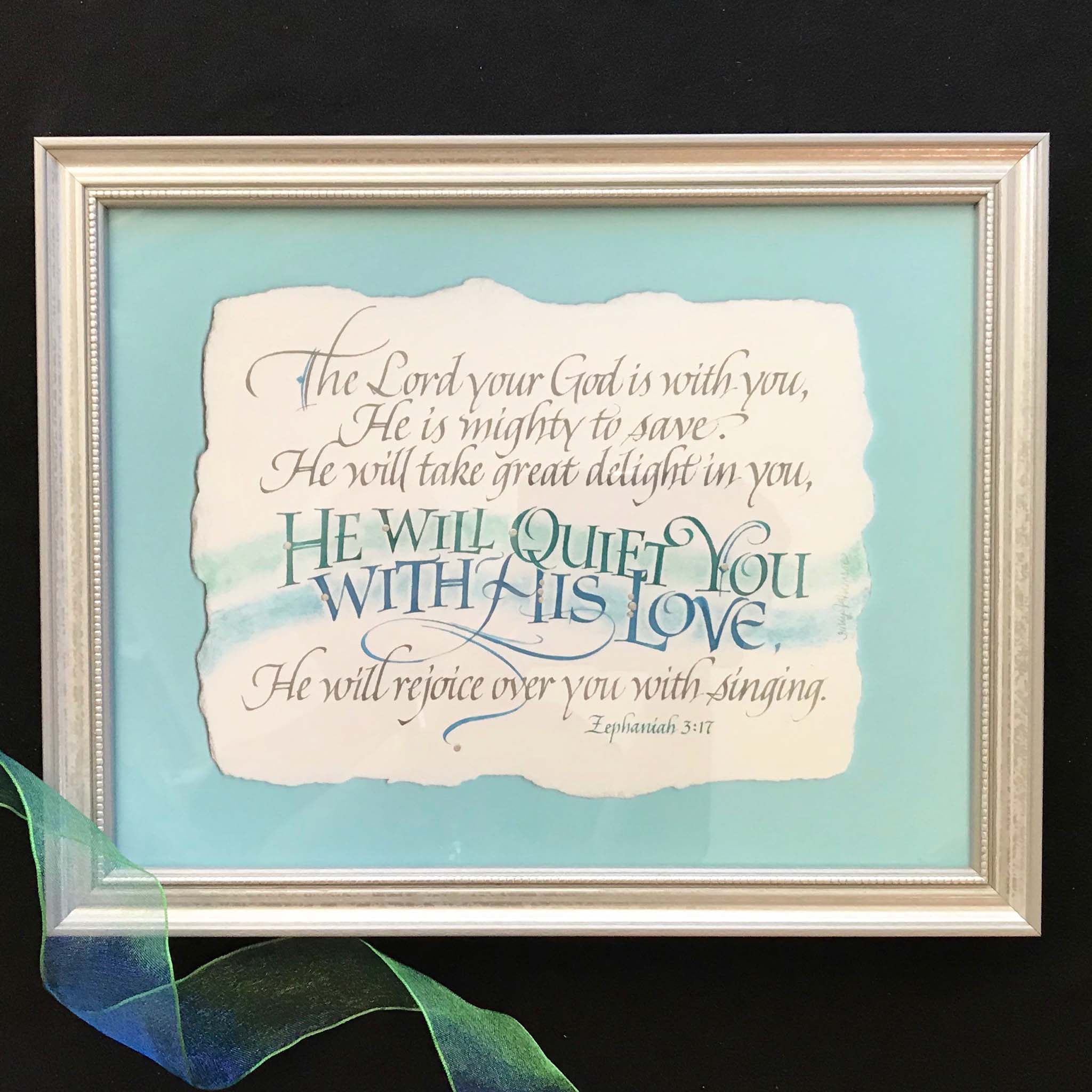 He will quiet you with his Love, a framed calligraphy print by Holly Monroe