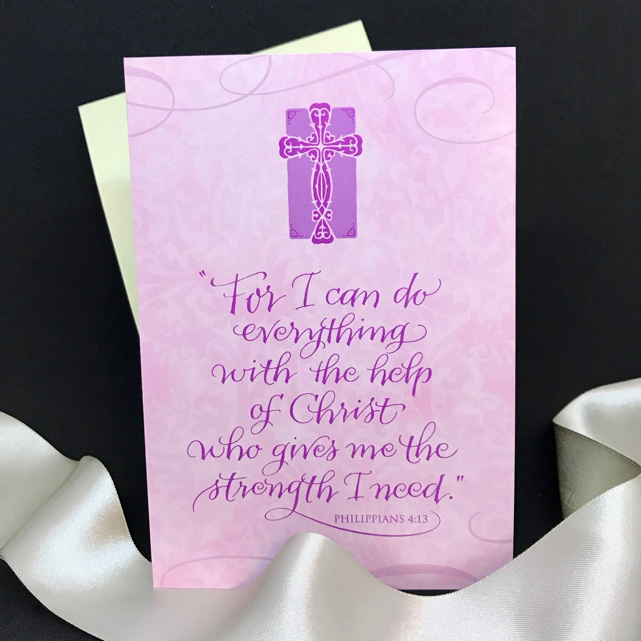 Encouraging card with the words of Phillipians 4 verse 13 and Holly Monroe Calligraphy