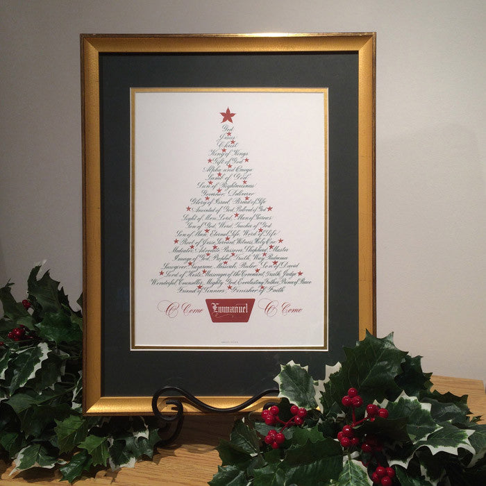 Custom Framed Print of Christmas Tree-Names of Jesus by Clifford Mansley Calligraphy