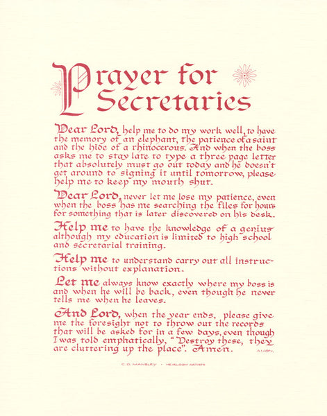Prayer for Secretaries archival art print by Holly Monroe Calligraphy